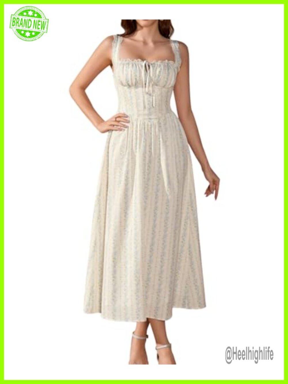 Floral Corset Milkmaid Midi Dress Adjustable Straps Smocked Back Flowy A-Line